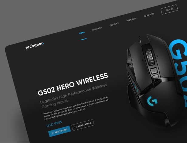 black website promoting a mouse product with blue logo